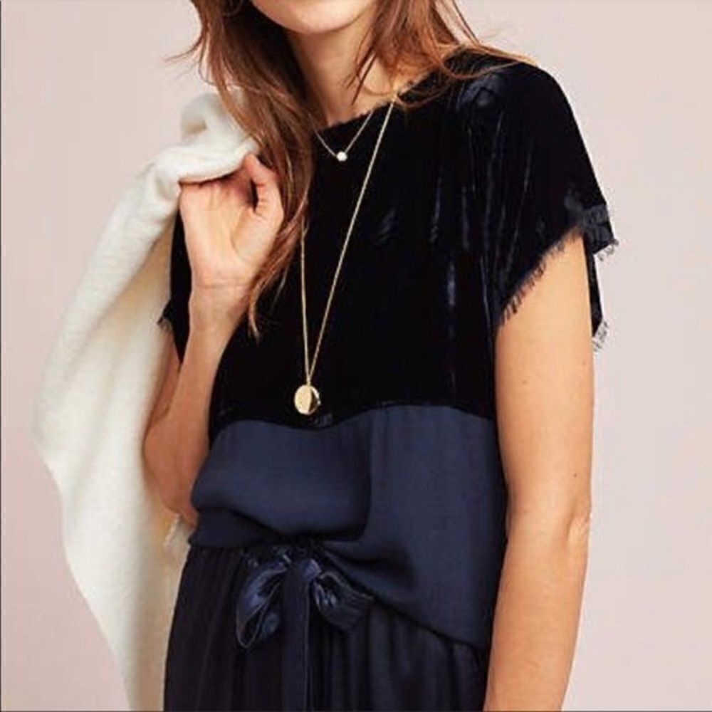 Anthropologie Tina + Jo Blue Velvet & Silk Raw Edge Short Sleeve Top. Small New!